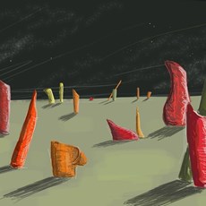 A surreal, digital painting of monolithic structures placed on a barren, other-worldly landscape